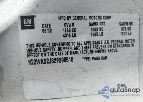 2002 Pontiac Grand Prix Se z USA, uszkodzony, nr VIN 1G2WK52J82F290516